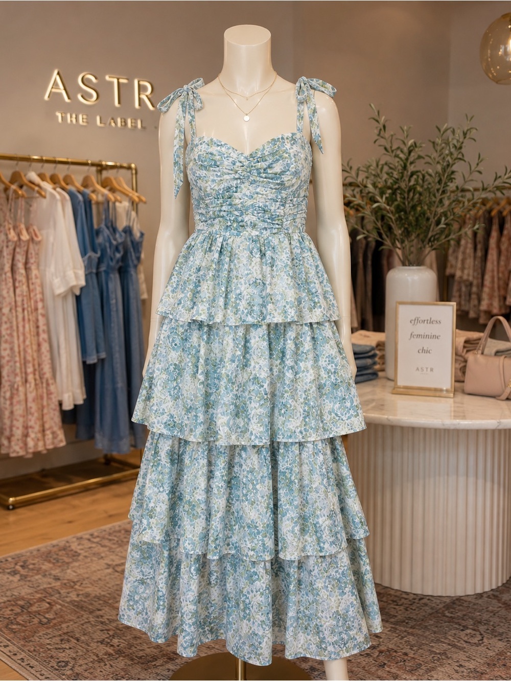 ASTR The Label Tie Strap Tiered Maxi Dress Blue Floral Medium